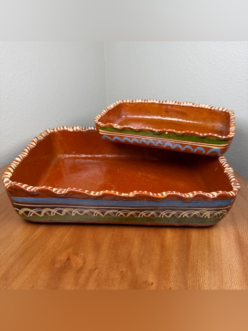 Vintage Set 2 Terracotta Baking Dishes Pottery Handmade Painted Mexican Red Clay